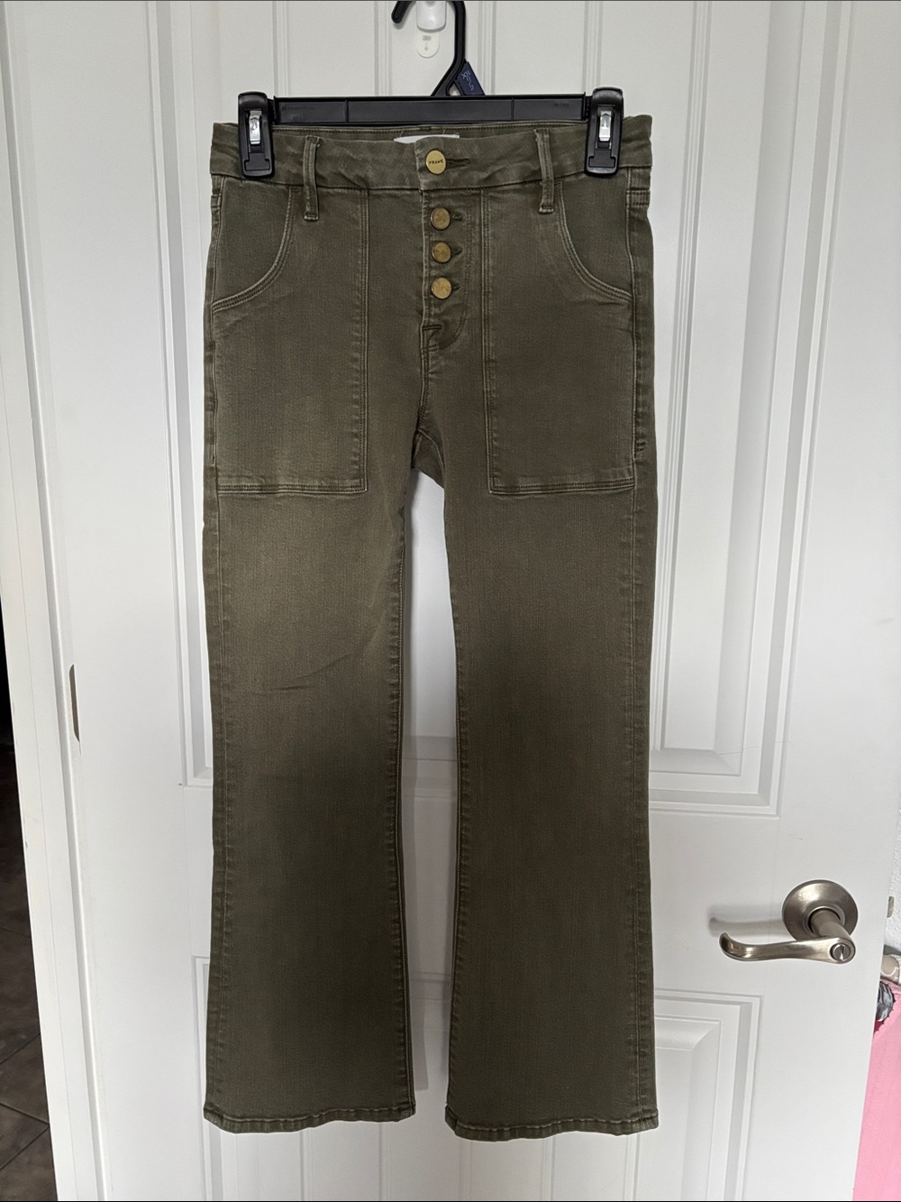Frame Le Crop Mini Boot Jeans Army Green High Rise Stretch Denim 24 Kick Flare